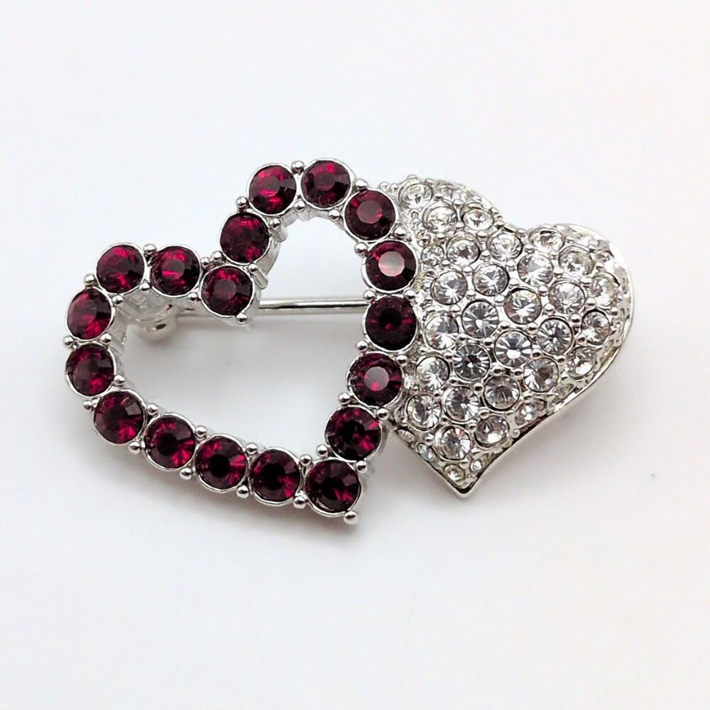 VTG Swarovski Double Heart Brooch Swan Signed Silver Tone Red Crystal Pin Brooch